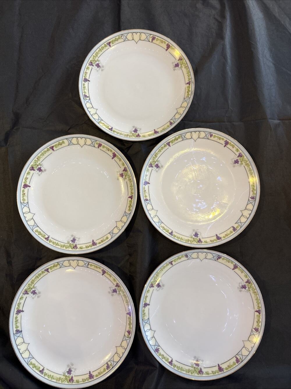 Set of 5 Antique Favorite Bavaria Hand Painted 9" Luncheon Plates Grape Lattice